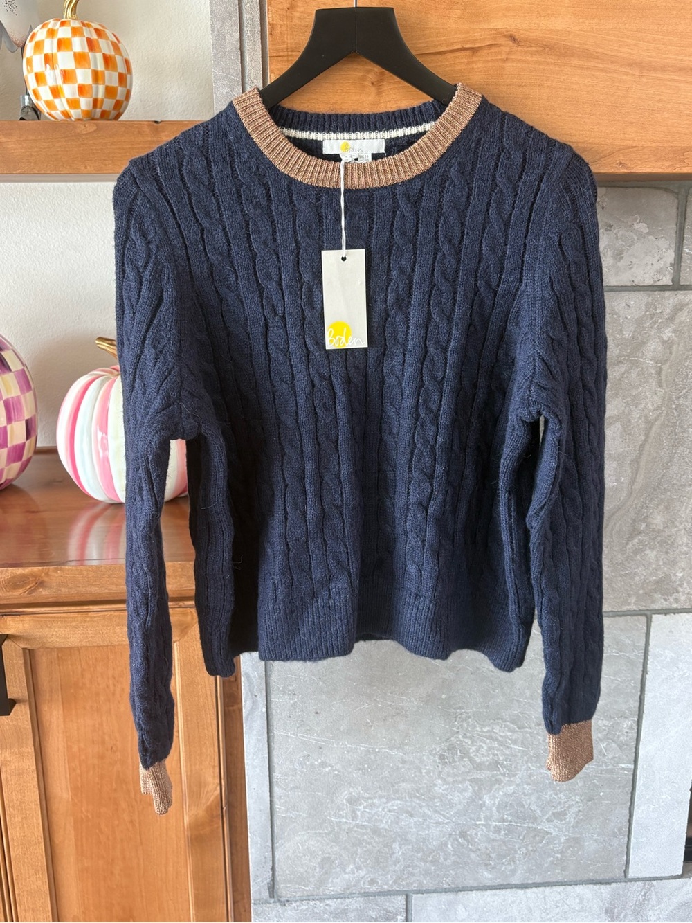 Boden Navy Cable Knit Sweater with Tan Contrast Trim